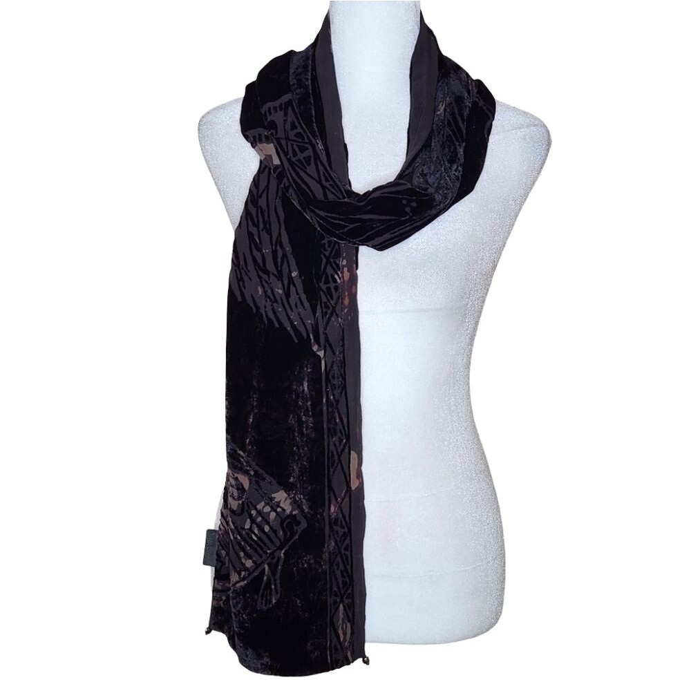 Vintage 90s Susan Unger Silk Velvet Burnout Scarf Chocolate Brown Quiet Luxury